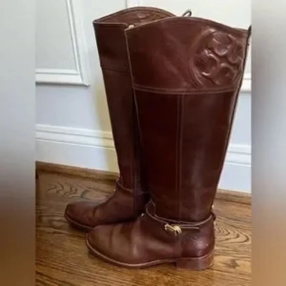 Tory Burch Marlene Riding Boots Brown Leather 9M Gold Buckle Equestrian Tall